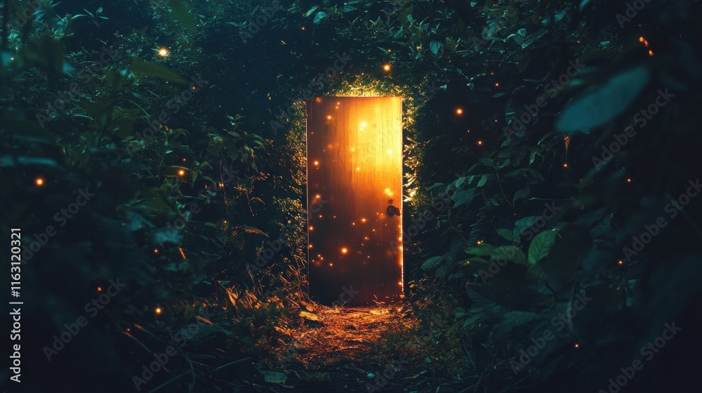 Fototapeta premium Glowing door in mystical forest at night.