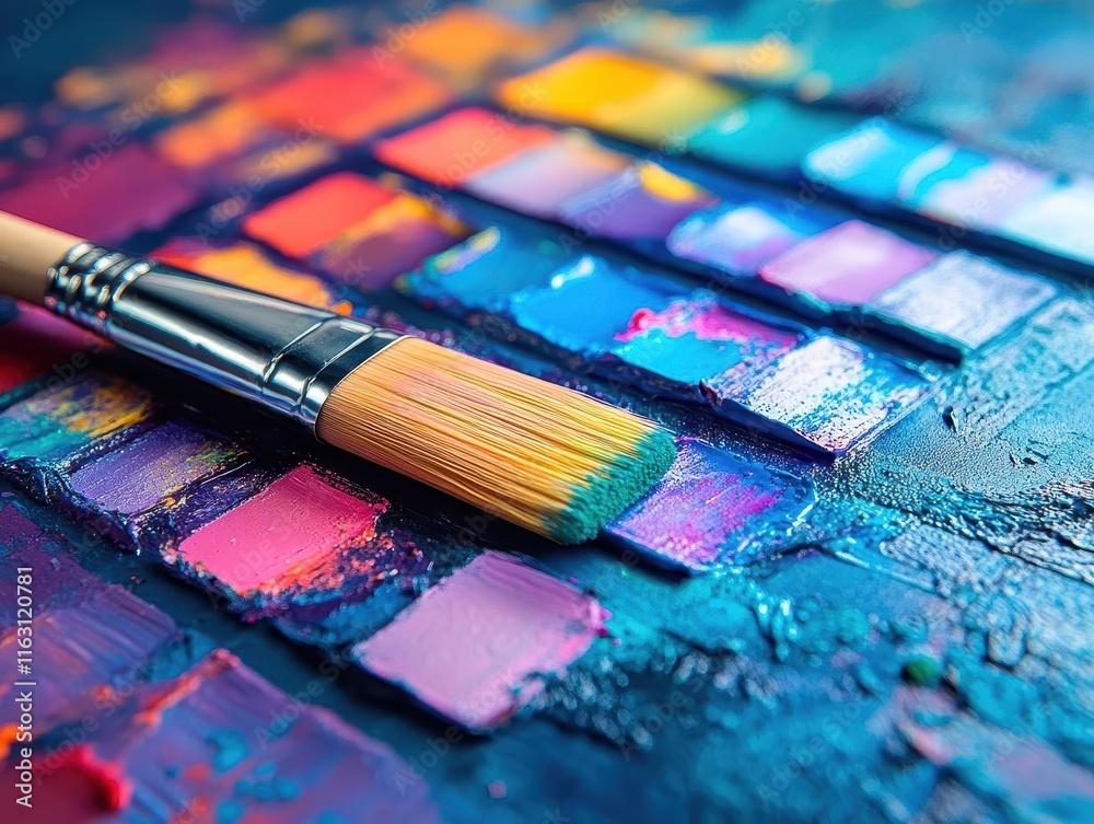 Fototapeta premium Paintbrush and roller set on a table, holographic color swatches projected in mid-air, sleek modern background, neon lighting, clean and creative design