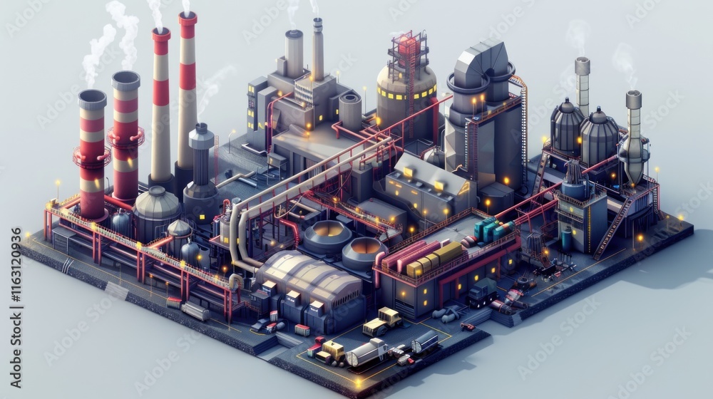 Isometric low-poly industrial complex at night. Isometric low-poly industrial complex at night.