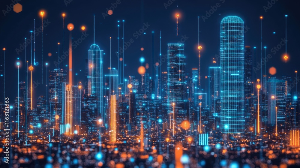 Futuristic cityscape with digital network connections. Futuristic cityscape with digital network connections.