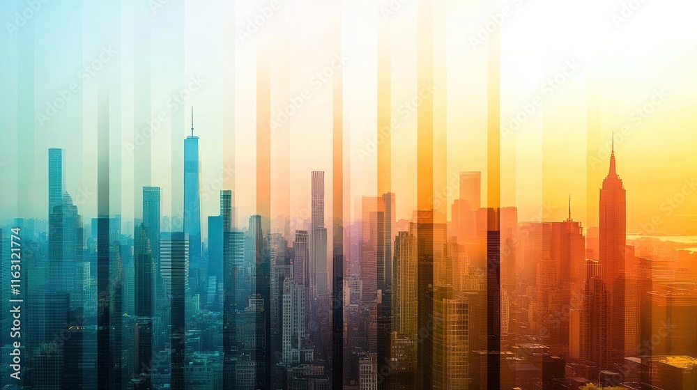 Fototapeta premium Abstract city skyline at sunrise/sunset, showing color transitions throughout the day.