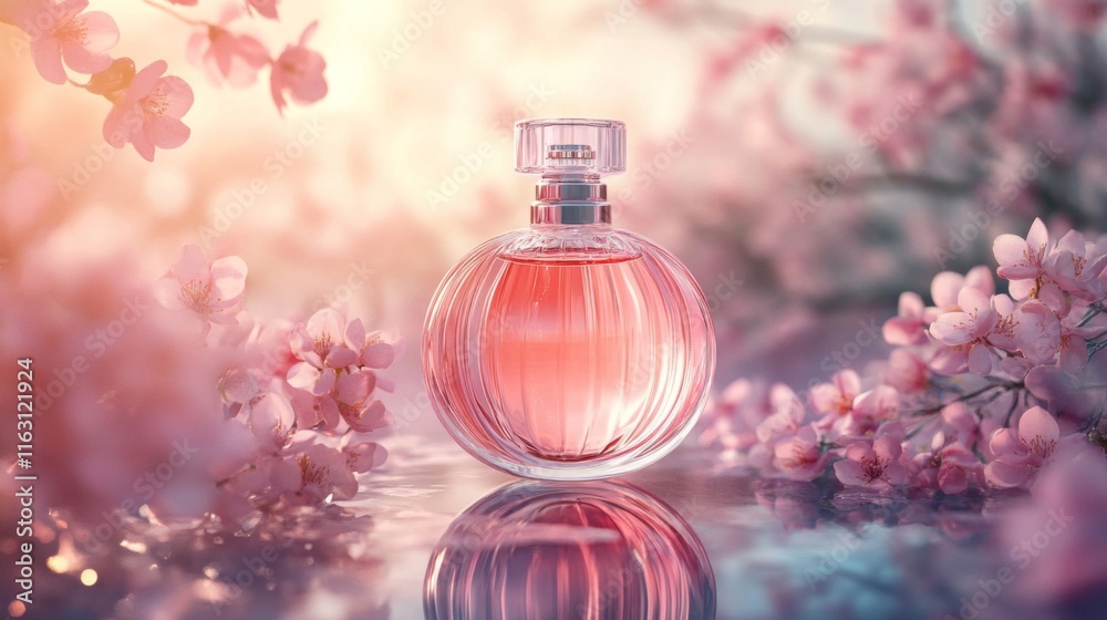 Pink Perfume Bottle Among Delicate Spring Blossoms Pink Perfume Bottle Among Delicate Spring Blossoms