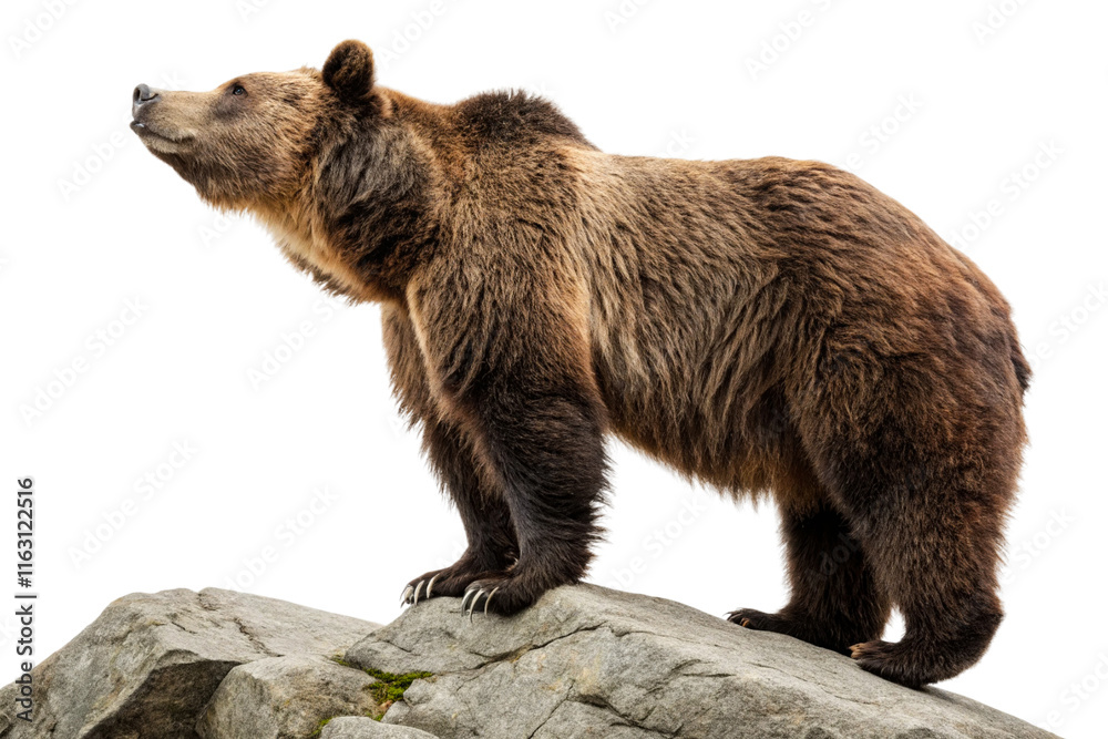 Fototapeta premium Grizzly bear standing on a rock with a determined stance during daylight isolated on transparent background