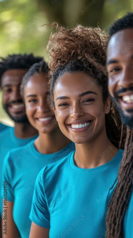 Group of four diverse volunteers smiling brightly, standing in line outdoors, wearing matching teal shirts, showcasing teamwork and community spirit, embodying joy of giving back. Group of four diverse volunteers smiling brightly, standing in line outdoors, wearing matching teal shirts, showcasing teamwork and community spirit, embodying joy of giving back.