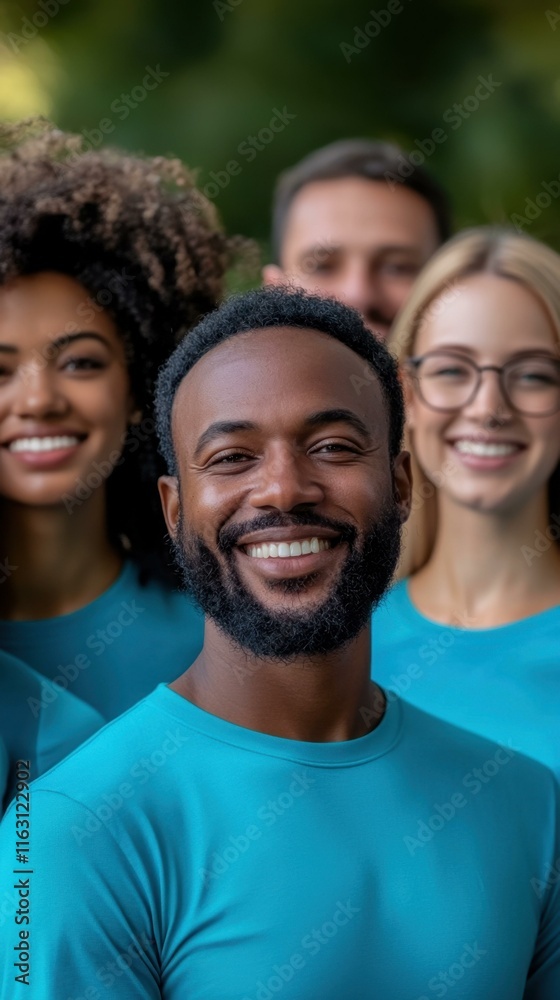 Smiling diverse group of four young volunteers standing together in matching blue t-shirts, promoting community service, actively engaged in charitable activities, radiating positivity and teamwork. Smiling diverse group of four young volunteers standing together in matching blue t-shirts, promoting community service, actively engaged in charitable activities, radiating positivity and teamwork.
