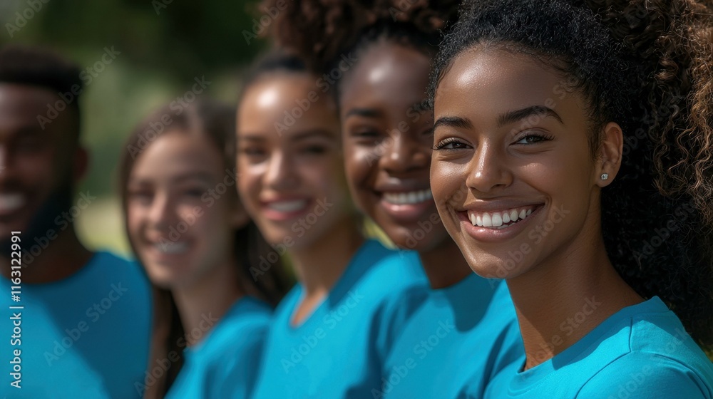 Diverse group of smiling volunteers wearing matching blue shirts Diverse group of smiling volunteers wearing matching blue shirts