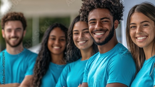 Group of five diverse young volunteers wearing matching blue shirts, smiling at camera, standing together outdoors, promoting community service and teamwork, expressing positivity and enthusiasm.