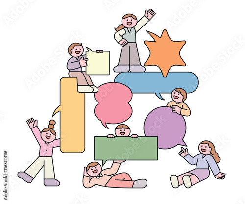 People holding speech bubbles are hugging or standing. Pyramid shape. Cuttiny character with outline.
