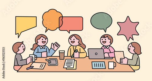 A group of people sit at a table, share ideas, and work as a team. Cuttiny character with outline.