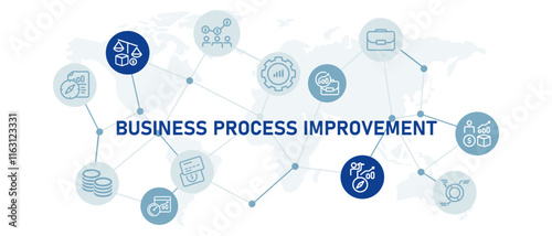Business process improvement concept icon set optimization efficiency streamlining evaluation management analysis process enhancement