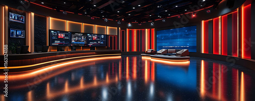 Modern TV Studio Set Design 3D Render: Professional Broadcast Environment with LED Lighting and Curved Walls photo