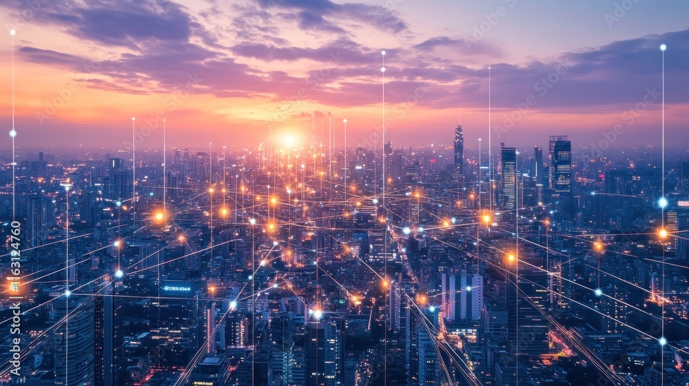 Fototapeta premium A futuristic city powered by electronics, with glowing skyscrapers and digital displays everywhere,