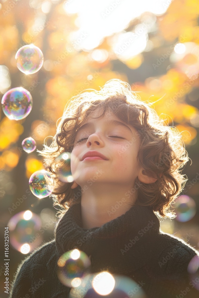 Child enjoying a sunny autumn day while blowing soap bubbles in a park surrounded by colorful leaves Child enjoying a sunny autumn day while blowing soap bubbles in a park surrounded by colorful leaves