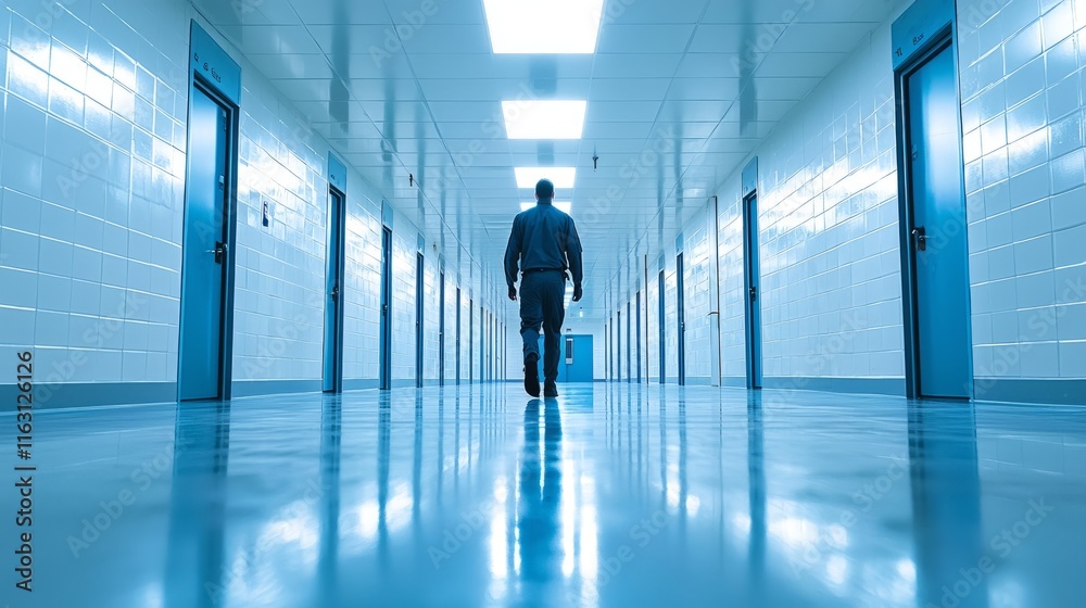 Person Walking in a Modern Hospital Corridor Person Walking in a Modern Hospital Corridor
