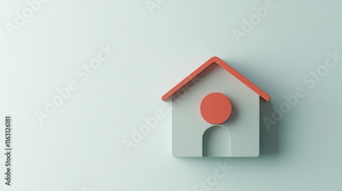 A white percentage sign accompanied by a tiny house and a red dot on a white field photo