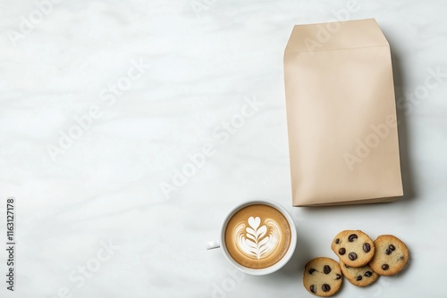 Coffee cup with latte art, cookies arranged on marble table with blank brown paper bag. Minimalist scene for branding design. Coffee bag mockup shows potential for creative design. Cookies, coffee photo