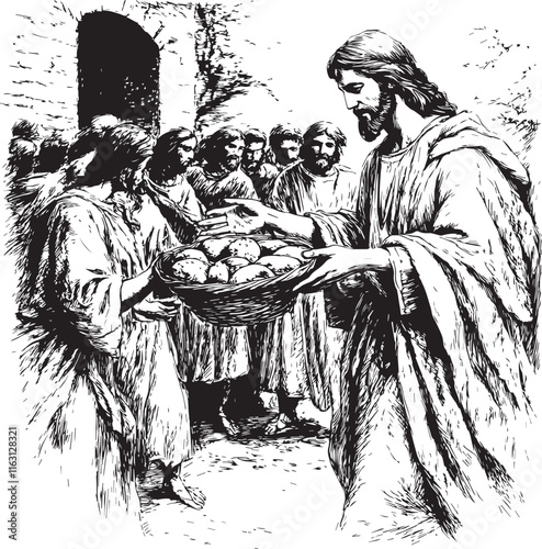 Illustration of the biblical miracle of Jesus feeding over 5,000 people with 5 loaves of bread and 2 fish, symbolizing divine providence and generosity. Perfect for religious and spiritual artwork