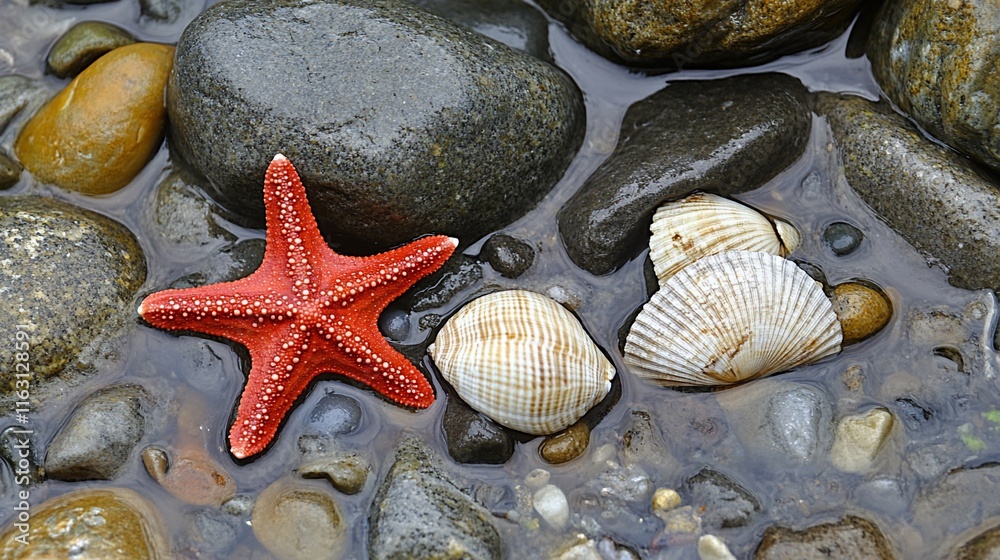 Red starfish and seashells on wet rocks. Red starfish and seashells on wet rocks.