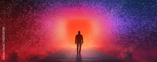 A mysterious figure stands at the edge of a vibrant, digital transformation portal.