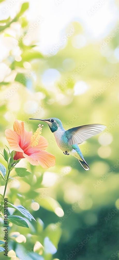 Vibrant Hummingbird Feeding on Red Flower in Natural Setting Vibrant Hummingbird Feeding on Red Flower in Natural Setting