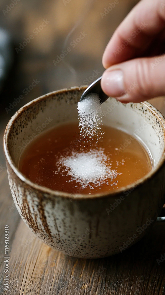 A close-up captures a hand adding sugar to a cup of steaming tea, with the sugar dissolving instantly in the hot liquid, creating a moment of warmth and comfort in a cozy setting.
