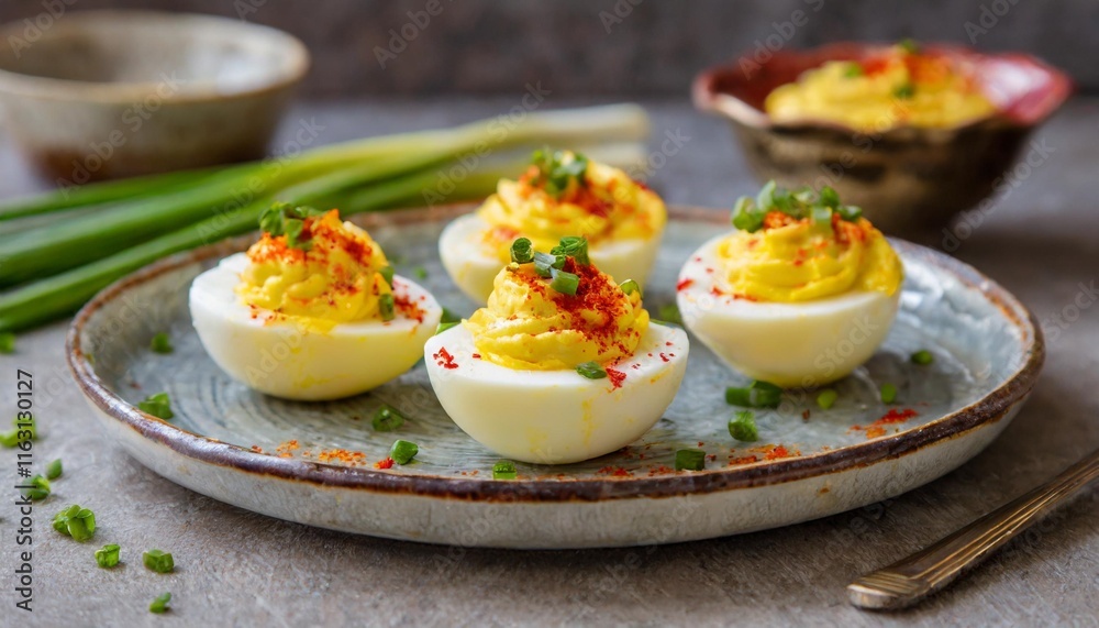 Deviled Eggs Garnished with Paprika and Fresh Chives on a Ceramic Plate Deviled Eggs Garnished with Paprika and Fresh Chives on a Ceramic Plate