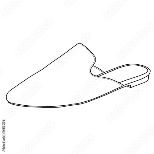 Women's Flat Mules Pointed Toe Backless Loafer Shoes Line art, Technical sketch hand drawing outline vector doodle side 3D isometric view isolated on white background for coloring page