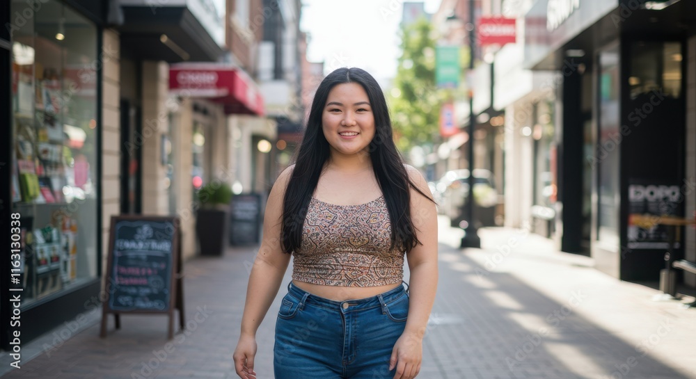 Happy woman walking on urban street in summer Happy woman walking on urban street in summer