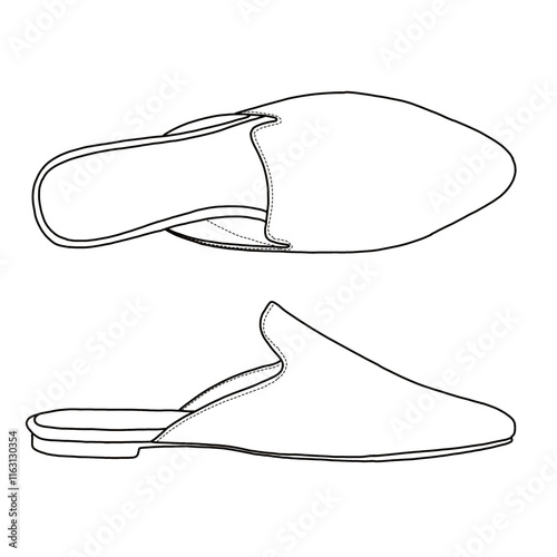 Women's Flat Mules Pointed Toe Backless Loafer Shoes Line art, Technical sketch hand drawing outline vector doodle top and side view isolated on white background for coloring page