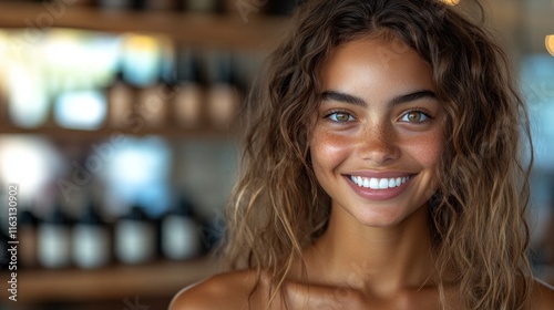 Smiling young hispanic female in casual setting with bottled background