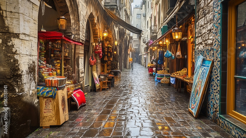 Colorful Market Street With Vibrant Shops and Umbrellas on a Rainy Day