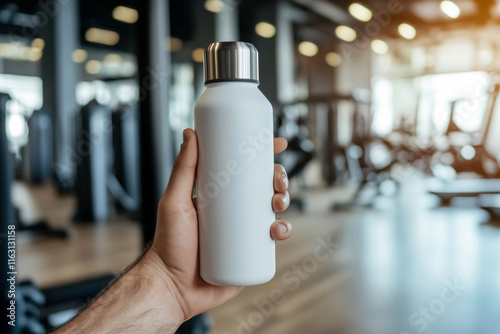 A close up photo of man's hand holding a white blank insulated water bottle with a metal cup with a gym in the blurred background photo