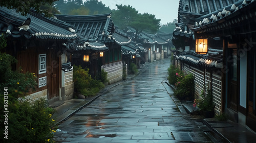 Traditional Korean Street at Night With Lanterns in a Rainy Atmosphere