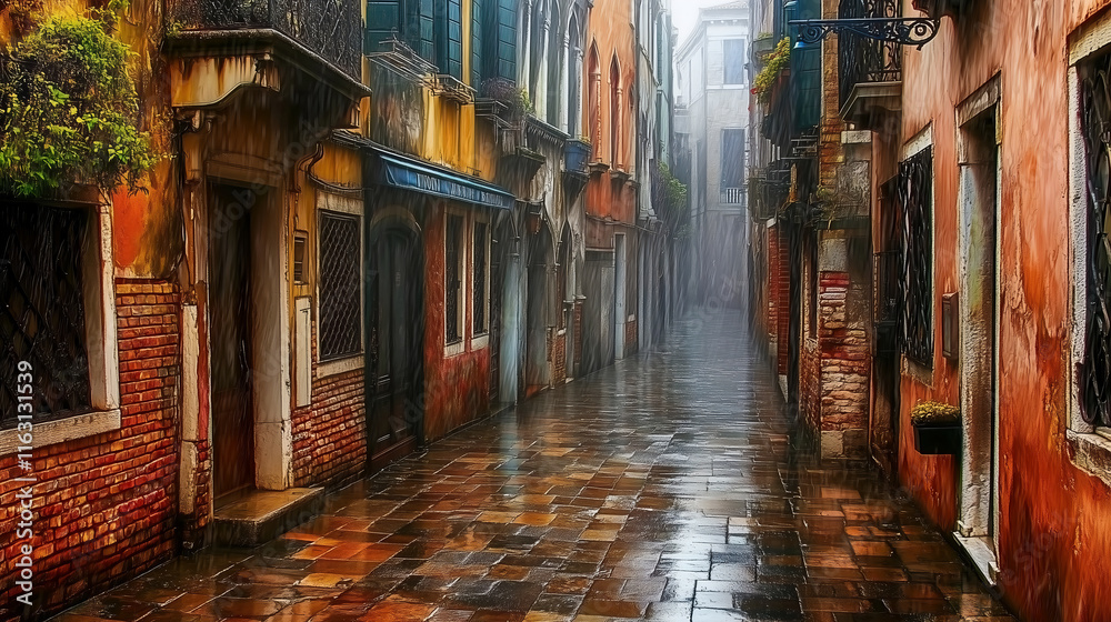 Fototapeta premium Rainy Narrow Street with Old Buildings and Rustic Aesthetic Details