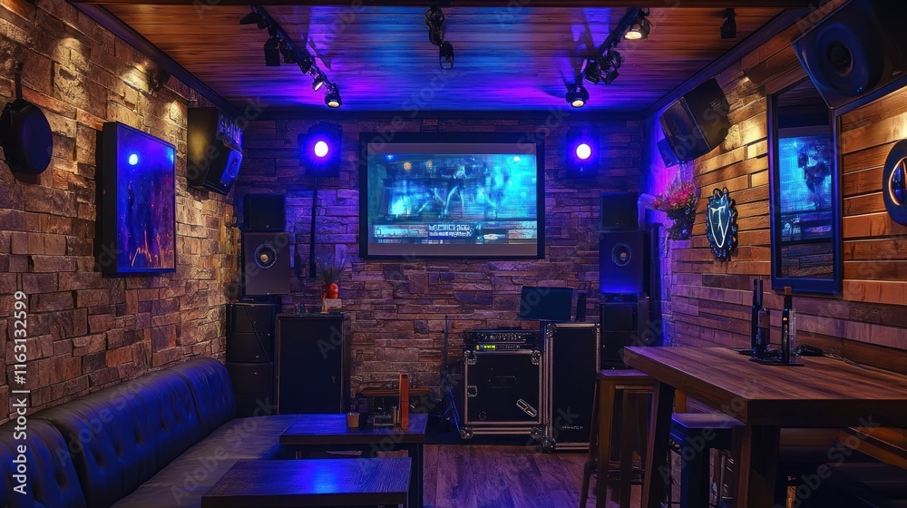 Cozy lounge with a large screen for entertainment. Cozy lounge with a large screen for entertainment.