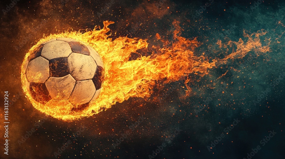 Fototapeta premium A flaming soccer ball in motion, symbolizing speed and excitement in sports.