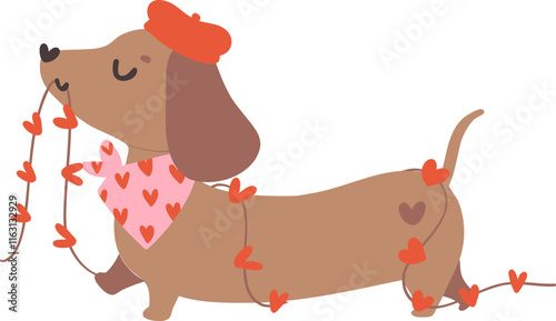 Cute Valentine Dog Dachshund with heart garland