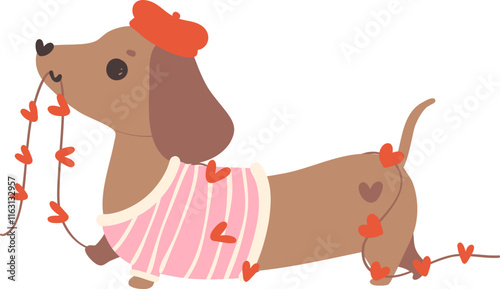 Cute Valentine Dog Dachshund wear shirt with heart garland