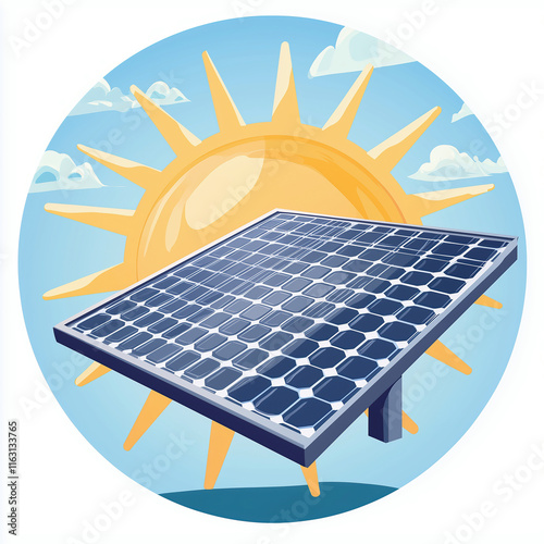 Round icon of a solar panel surrounded by sunrays illustration. Solar energy alternative power. Business logo symbol template photo