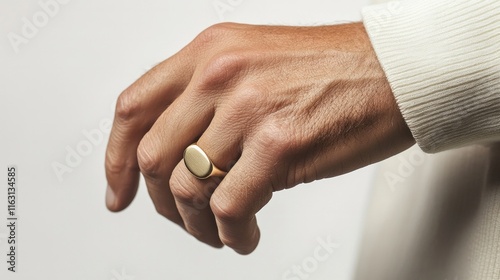 Close-up of male hand with gold signet ring against neutral background