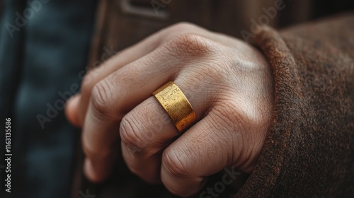 Close-up of a male hand wearing a textured gold ring photo