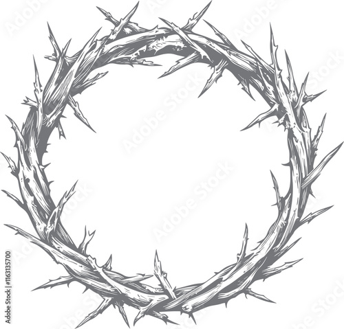 Illustration of a crown of thorns, symbolizing sacrifice and suffering. A powerful and detailed representation of the crown worn by Jesus, perfect for religious and spiritual artwork or Christian-them