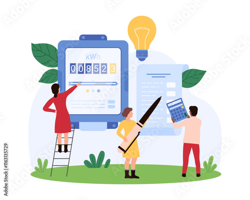 Technologists interact with a mobile interface for an electric car charging station, integration of technology and eco-friendly transportation solutions vector illustration.