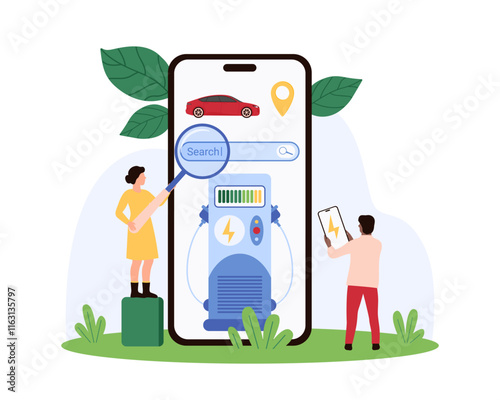 Technologists interact with a mobile interface for an electric car charging station, illustrating the integration of technology and eco-friendly transportation solutions.