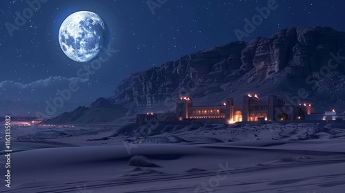 A serene night scene featuring a grand building illuminated under a full moon in a desert landscape. photo