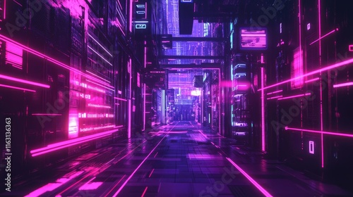 A futuristic digital corridor illuminated with vibrant neon lights and geometric patterns.