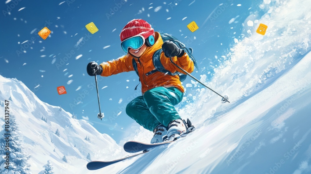 Young caucasian male skiing down snowy slope in bright winter gear Young caucasian male skiing down snowy slope in bright winter gear