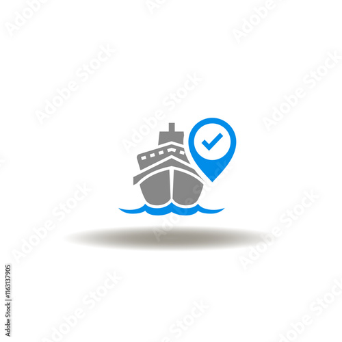 Vector illustration of container marine ship and location place marker with check mark. Symbol of cargo export import goods logistics sea port delivery. Icon of freight shipping customs.