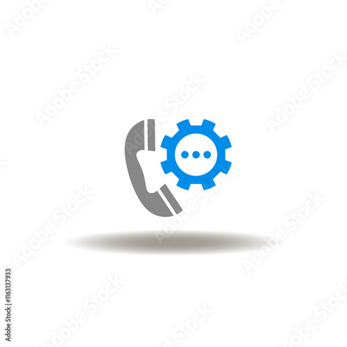 Vector illustration of handset phone and gear wheel with dots symbolizing speech bubble. Symbol of FAQ. Icon of hotline. Pictogram of support service.