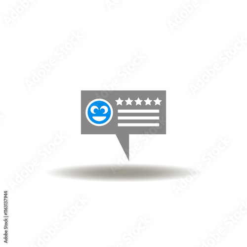 Vector illustration of speech bubble with 5 stars and smile face. Symbol of customer satisfaction. Icon of client feedback and rating.